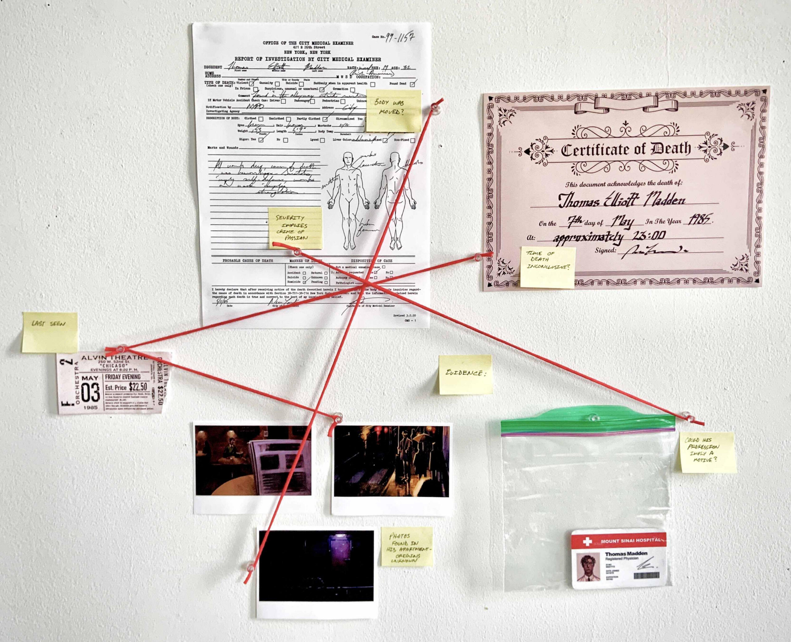 "Process of Procedure", Solveable Murder Mystery Installation. Original Story, Design, Illustrations and Assets. University Project, Non-Commercial. Mixed Media, 2022.