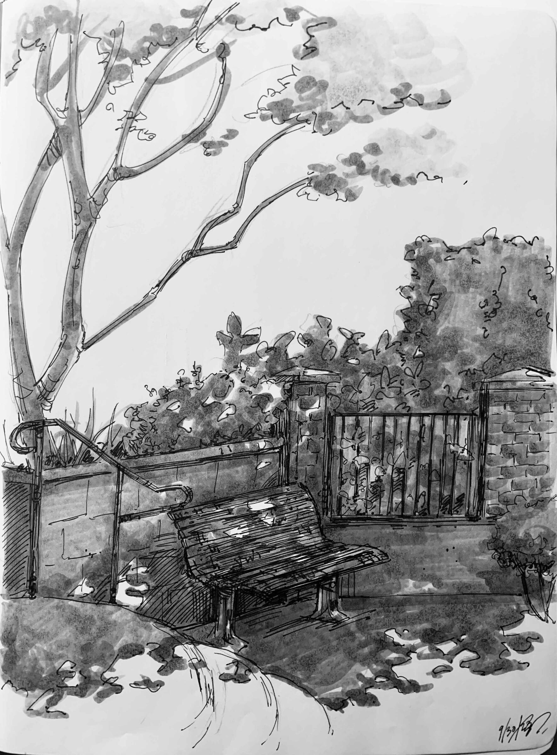 Plein Air Study #2. Personal, Non-Commercial. Pen and Ink, 2023.