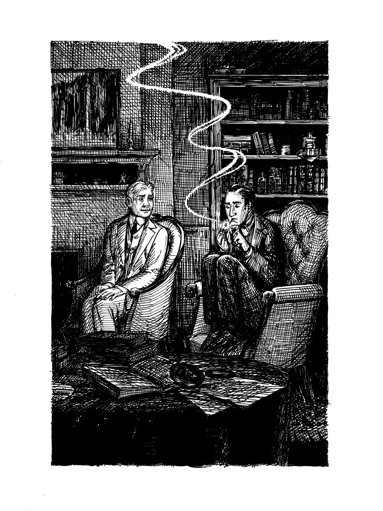 Illustration for The Adventure of the Creeping Man by Sir Arthur Conan Doyle. Compiled in Murmurs. Non-commercial. Pen and ink, 2026.