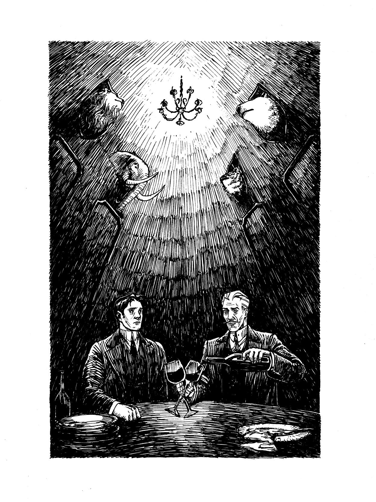 Illustration for The Most Dangerous Game by Richard Connell. Compiled in Murmurs. Non-commercial. Pen and ink, 2025.