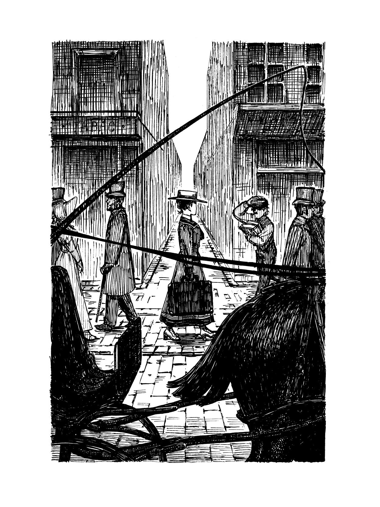 Illustration for Missing! by Catherine Louisa Pirkis. Compiled in Murmurs. Non-commercial. Pen and ink, 2026.