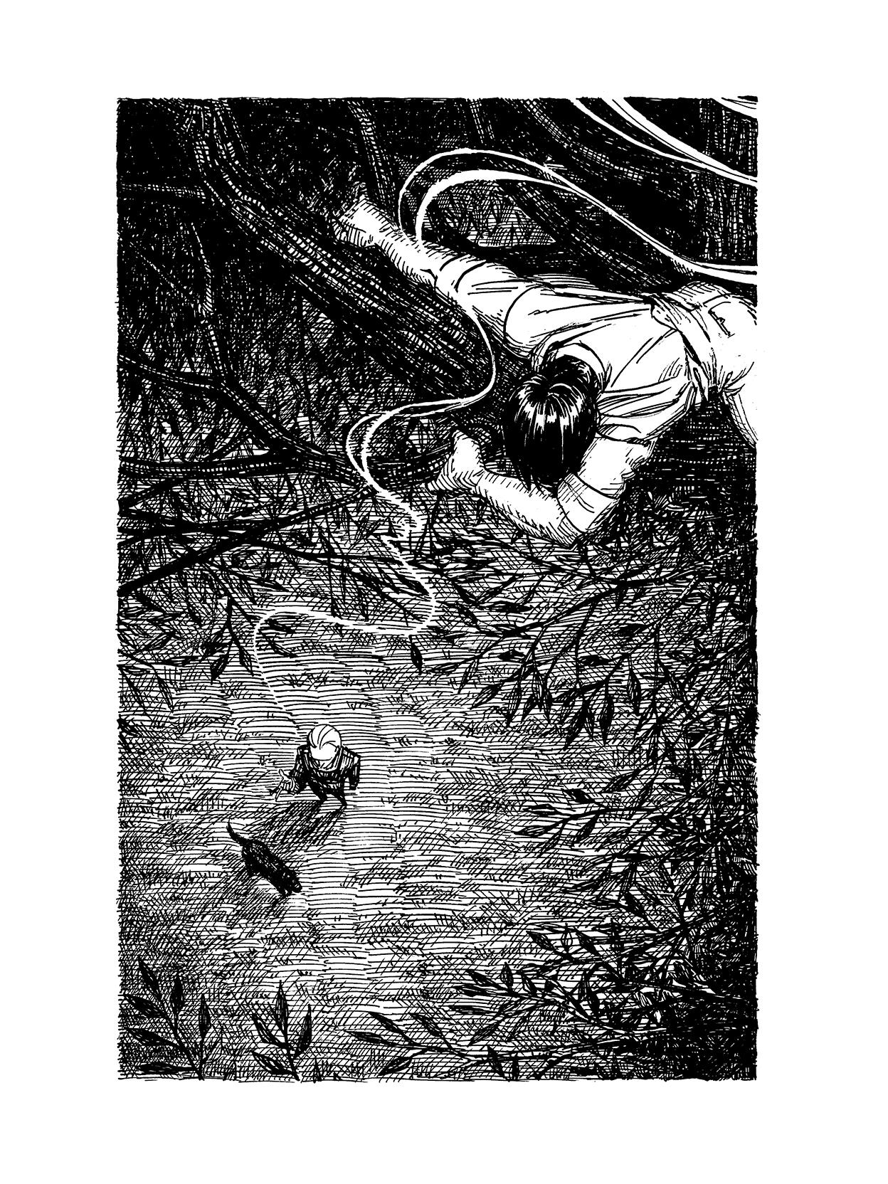 Illustration for The Most Dangerous Game by Richard Connell. Compiled in Murmurs. Non-commercial. Pen and ink, 2025.