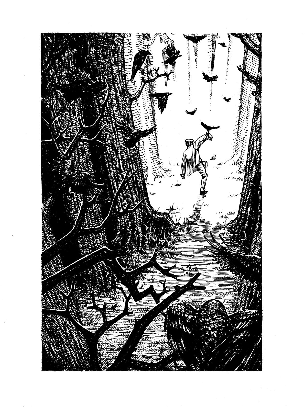 Illustration for A View from a Hill by M. R. James. Compiled in Murmurs. Non-commercial. Pen and ink, 2025.