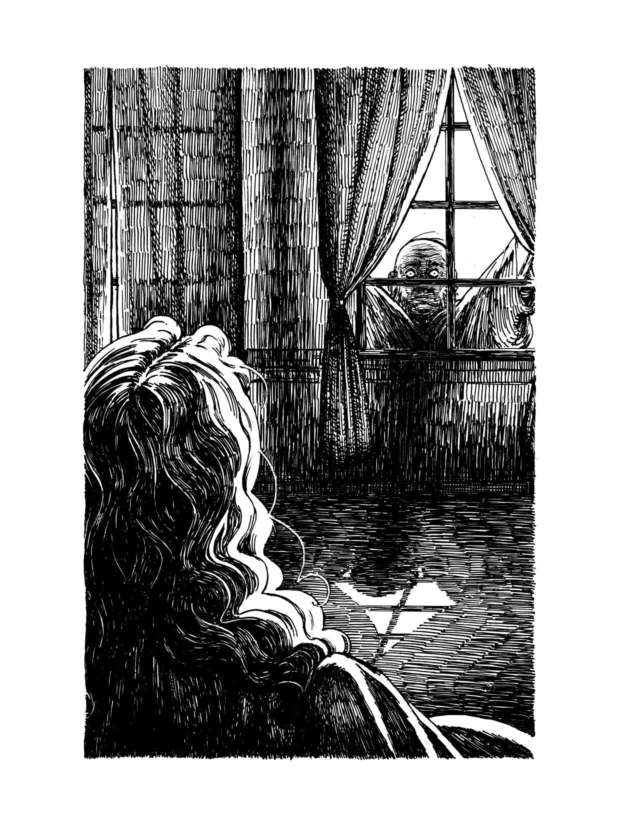 Illustration for The Adventure of the Creeping Man by Sir Arthur Conan Doyle. Compiled in Murmurs. Non-commercial. Pen and ink, 2026.