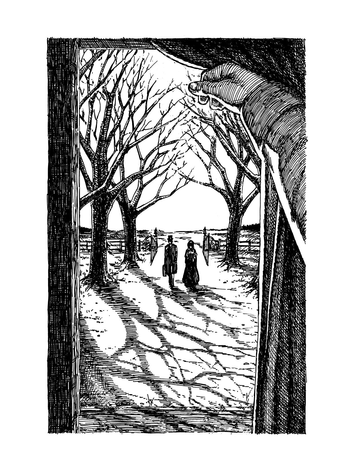 Illustration for Missing! by Catherine Louisa Pirkis. Compiled in Murmurs. Non-commercial. Pen and ink, 2026.